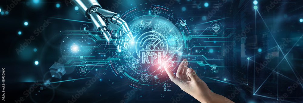 Poster hands of robot and human touching on kpi performance, network connection background, measurement met