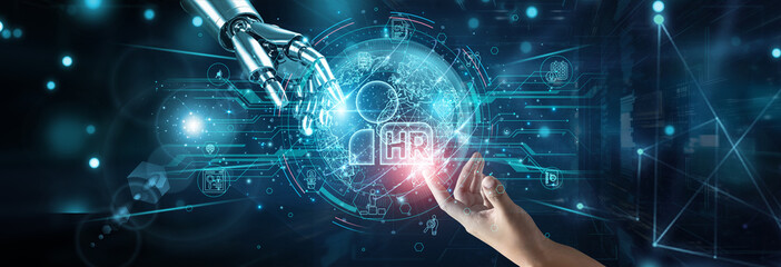 Hands of robot and human touching on human resources systems, network connection background, recruitment payroll training AI compliance development performance attendance analytics.