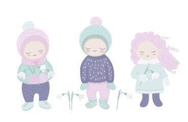 Children outside picking snowdrops, a group of fun characters with white flowers in the park during a walk, a cozy spring vector illustration in pastel colors.
