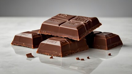 Close-up of rich, glossy dark milk chocolate bars stacked casually on a clean white background. Each bar features deep, square segments with smooth surfaces and sharp edges.