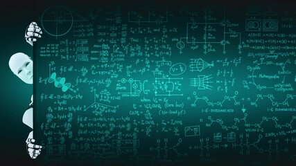 3D render hominoid robot show up from educational blackboard in class room . 3D rendering of AI artificial intelligence for school education development . - Powered by Adobe