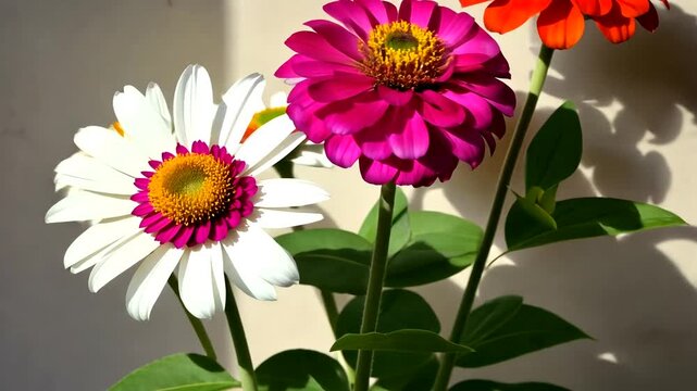 Vibrant zinnias in a sunny indoor setting, showcasing their colorful petals and lush greenery