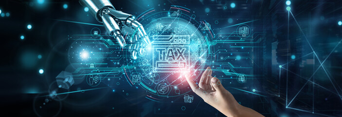 Hands of robot and human touching on tax technology, network connection background, filing...