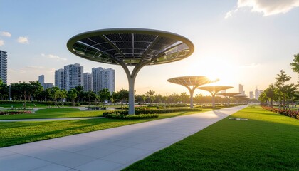 Solar tree installation in urban park combining green energy and artistic design