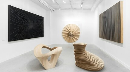 Modern Art Gallery Interior: Sculptural Furniture and Abstract Wall Art Displayed.