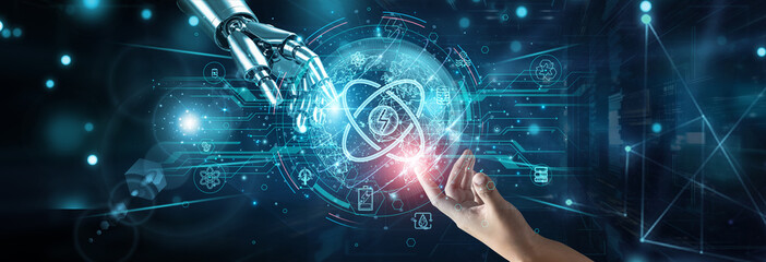 Hands of robot and human touching on energy technology systems, network connection background,...