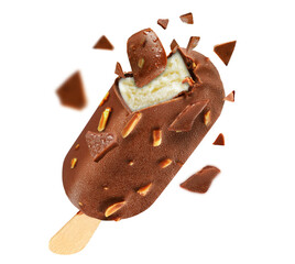 Chocolate popsicle with chocolate coating, coconut pieces and creamy filling with explosive shell