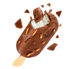 Chocolate popsicle with chocolate coating, coconut pieces and creamy filling with explosive shell