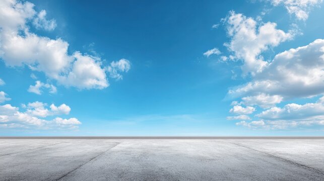 Bright blue sky filled with fluffy white clouds stretches over a flat, concrete surface. The setting appears calm and tranquil under the midday sun, ideal for outdoor activities.