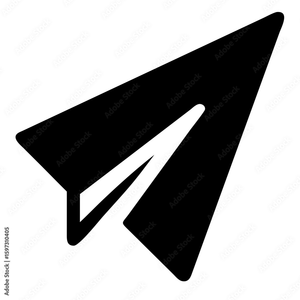 Poster a simple black and white paper airplane icon with a distinct cutout design on a plain transparent ba