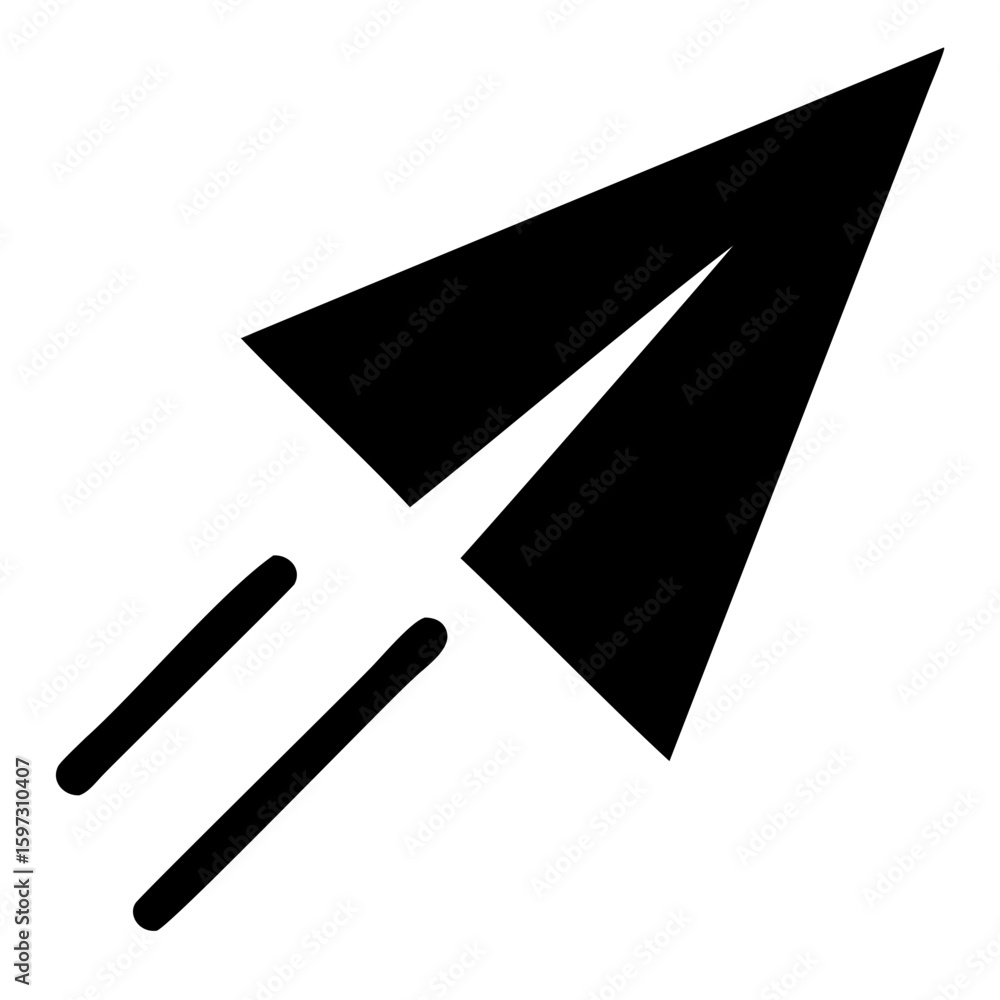 Poster a simple black paper airplane soaring upwards with two lines indicating movement and speed on transp