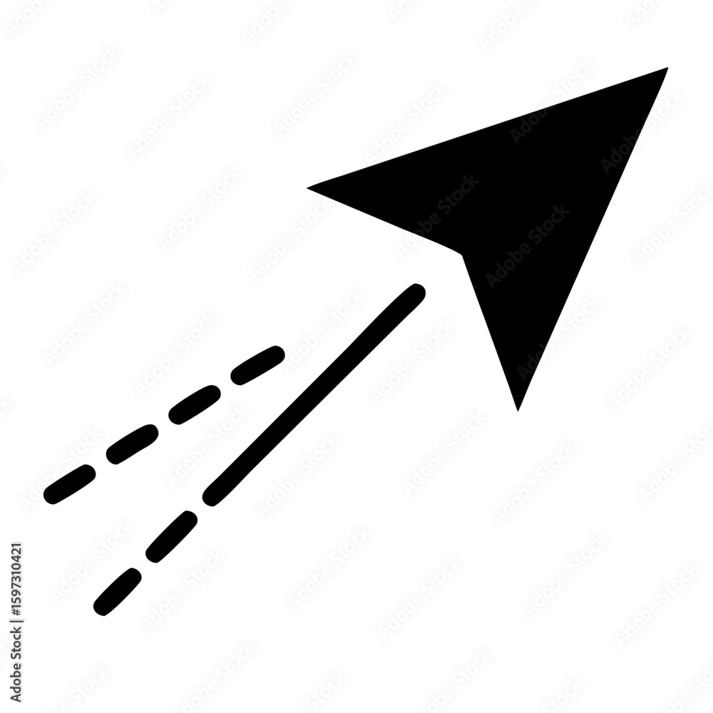 Poster black paper airplane pointing diagonally upwards with a solid line and a dashed line behind it