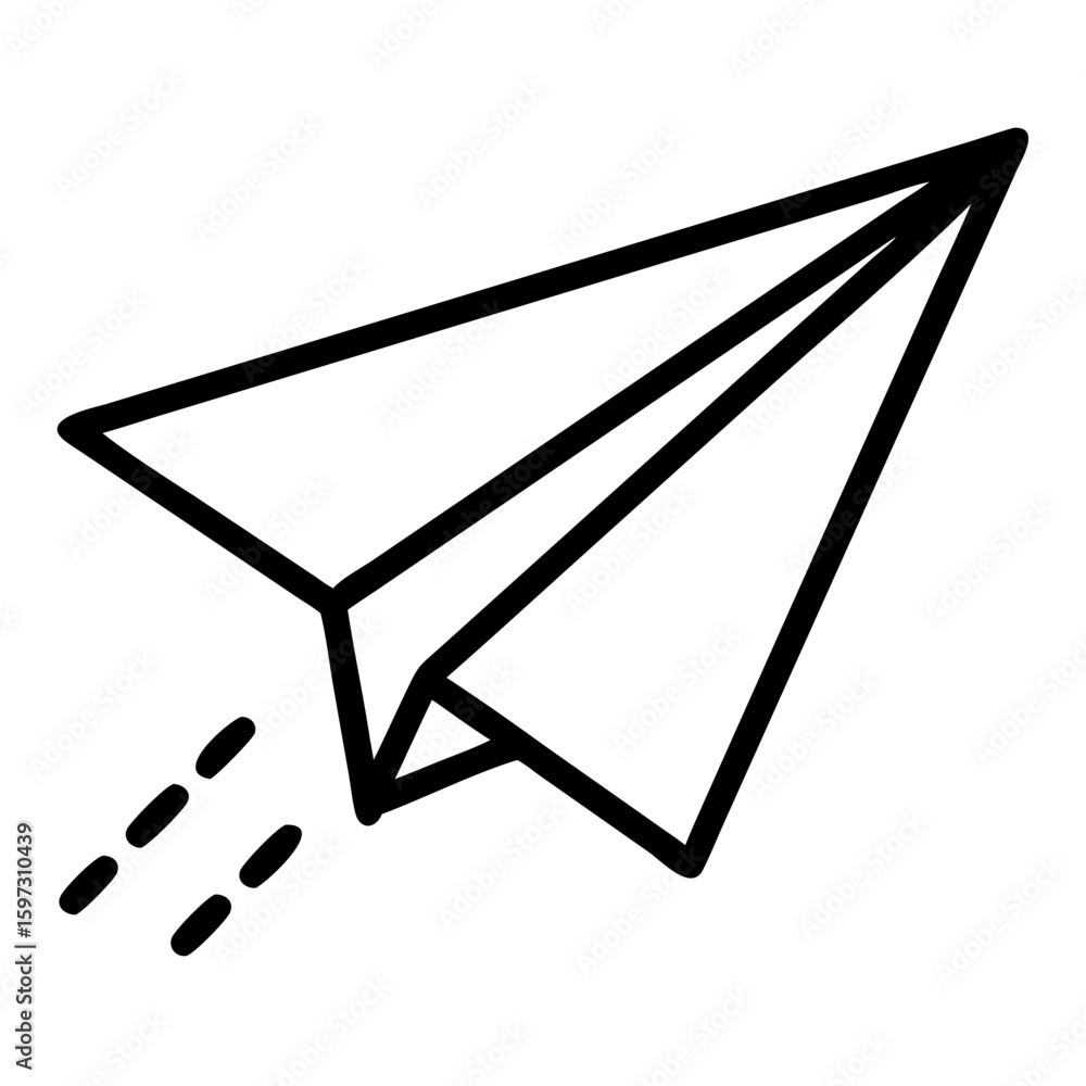 Poster paper airplane flying with dashed lines indicating motion in a simple black line drawing style