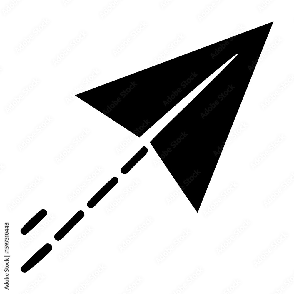 Poster black paper airplane icon with dashed line trail indicating flight and movement on a transparent bac