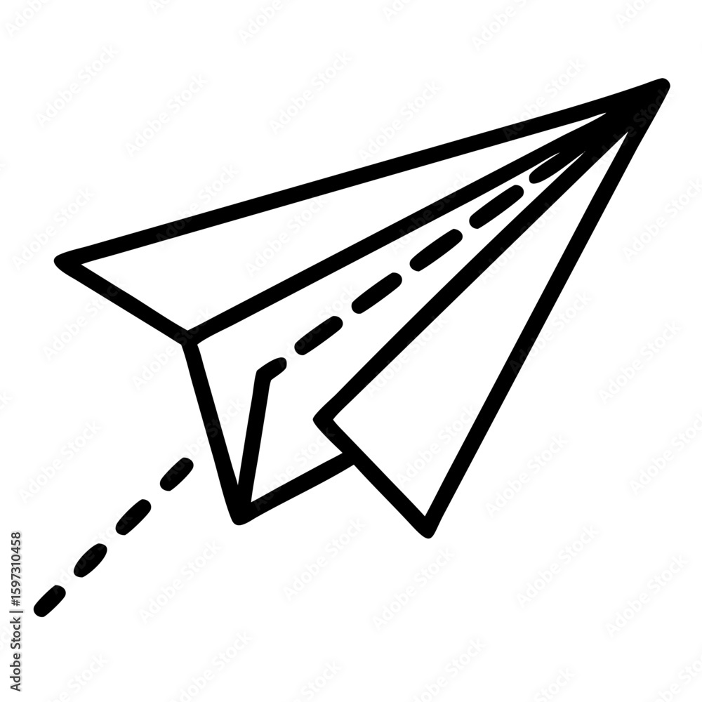 Poster a simple line drawing of a paper airplane with a dotted line trailing behind it suggesting flight pa