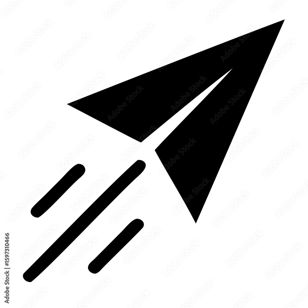 Poster black paper airplane soaring upwards with motion lines indicating speed and direction on transparent