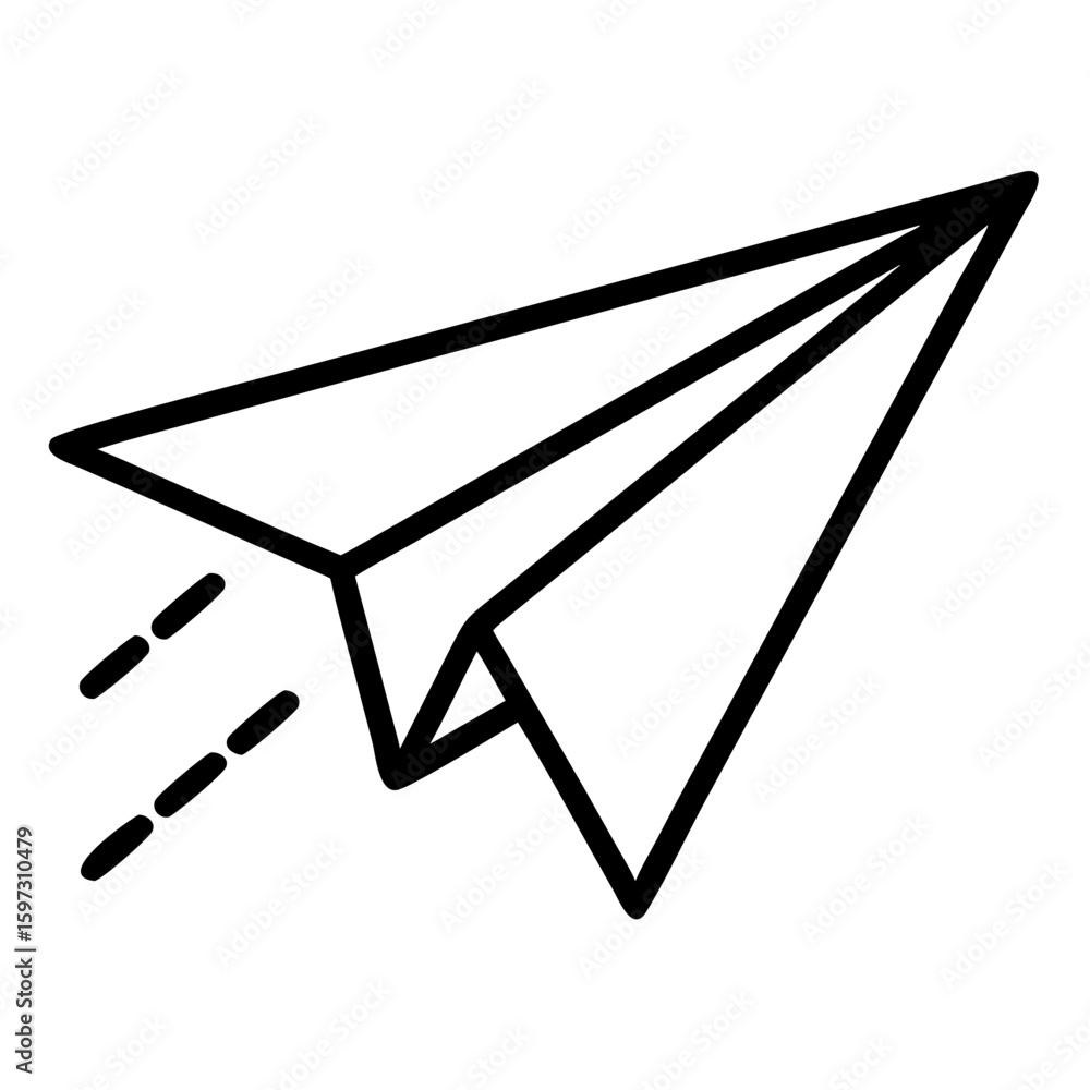 Poster a simple line drawing of a paper airplane in flight with dashed lines indicating motion and speed ef