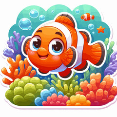 Obraz premium Cartoonish clownfish swims amidst colorful coral and bubbles in a vibrant underwater scene. The fish has big eyes and a friendly expression.