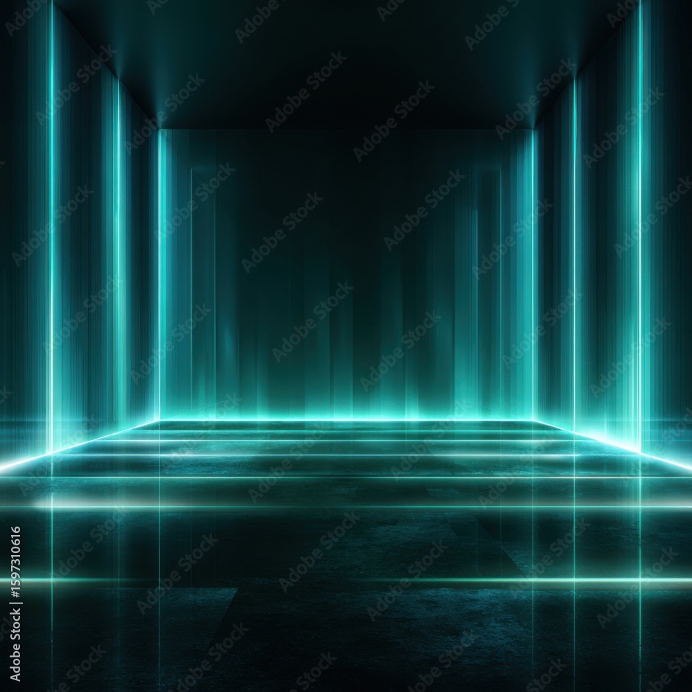 Poster a modern digital environment is illuminated by vibrant neon lights, creating geometric patterns on t