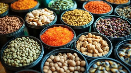 Various types of food in black containers.