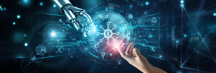 Hands of robot and human touching on DeFi platforms, network connection background, blockchain...