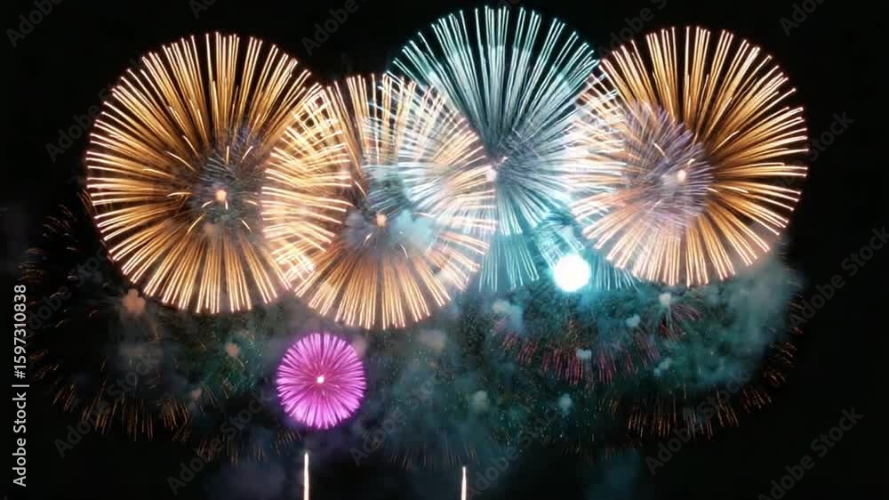 Poster sky symphony: vivid and dynamic fireworks explode against the inky backdrop of the night, creating a