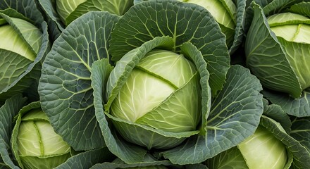 Fototapeta premium Fresh Green Cabbage Heads Closeup Showing Detailed Leaf Texture