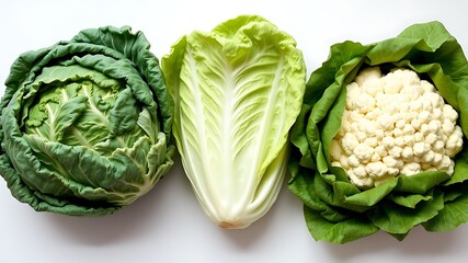 Obraz premium Fresh vegetables including cabbage, lettuce, and cauliflower isolated on white background