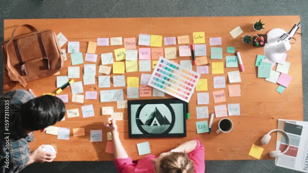 Poster top view of business people working together to choosing color from color palette. project manager p