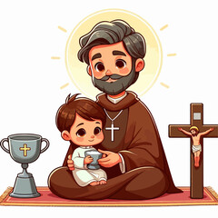 Digitally rendered cartoon illustration of a religious figure seated with a child, depicted in a warm color palette with simple lines and expressions.