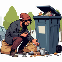 Person in tattered clothes scours through a overflowing garbage can for food on a city street. The scene depicts poverty and hunger.