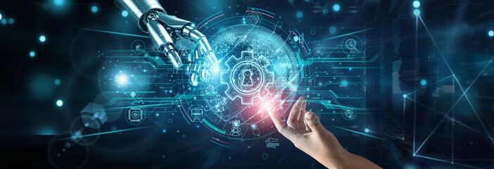 Hands of robot and human touching on access management systems, network connection background, authentication authorization credentials identity control security compliance login protocols.