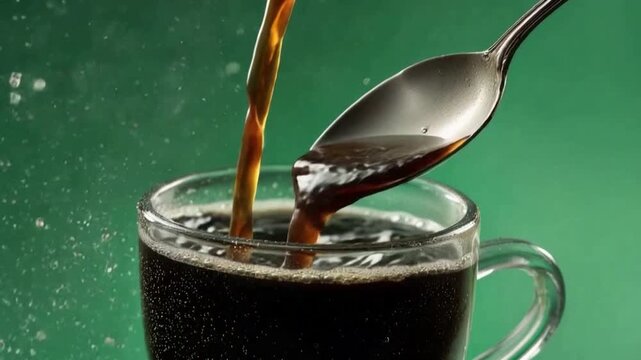 Coffee Poured into Glass: A rich stream of dark, aromatic coffee cascades into a clear glass, highlighted by a spoon. The scene captures the essence of a revitalizing moment.