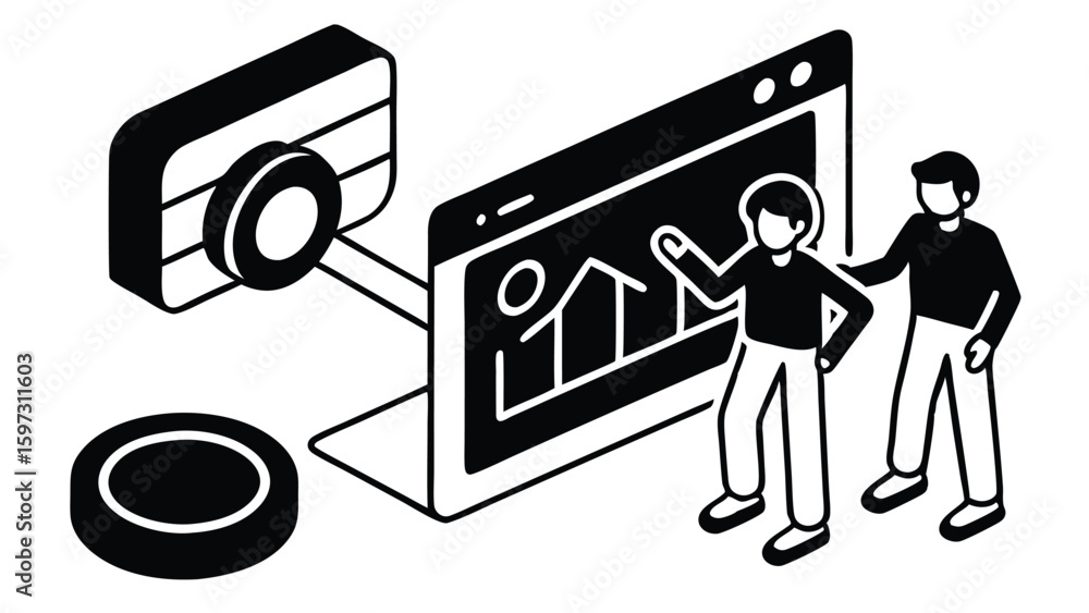 Poster isometric seo optimization concept with character vector design for digital marketing
