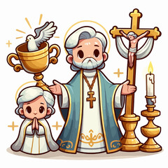 Cartoon illustration of a religious figure, alongside a child, a dove, a chalice, and a cross.