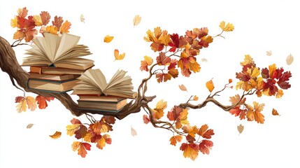 Diagonal oak branch with hardcover books and gradient maple leaves falling on white backdrop, scarlet to golden autumn tones for seasonal promotional videos and social media.
