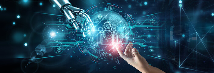 Hands of robot and human touching on leadership development, network connection background,...