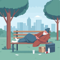 Stylized illustration of an elderly man sleeping on a park bench, amidst discarded items, with a cityscape in the backdrop.
