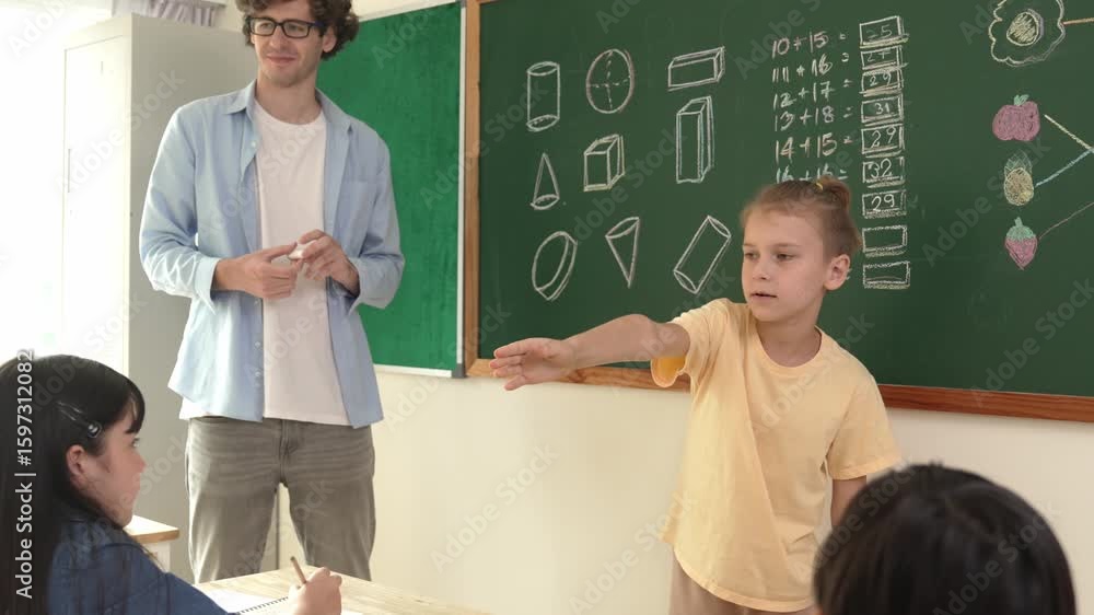 Poster smart boy pointing at diverse friend while attractive children sitting at class. elementary student 