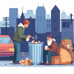 Street scene portraying two people sharing limited food amidst urban surroundings and discarded items.