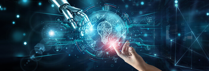 Hands of robot and human touching on digital solutions, network connection background, integration...