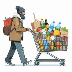 Person in casual clothing is walking while pushing a shopping cart overflowing with various groceries.  The cart is full to capacity.