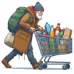 Detailed illustration of a man burdened with a shopping cart filled with various food and beverage items, conveying a sense of hardship and struggle.