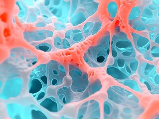 Bright coral and glacier blue organic neural system in surreal flow pattern