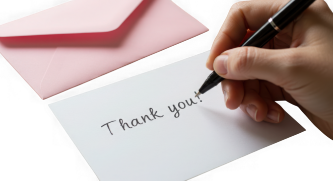 Hand writing a thank you note on a card with pink envelope isolated on transparent background - Powered by Adobe