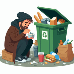 Forlorn individual is seated on a box and eating scraps of food taken from a overflowing dumpster.