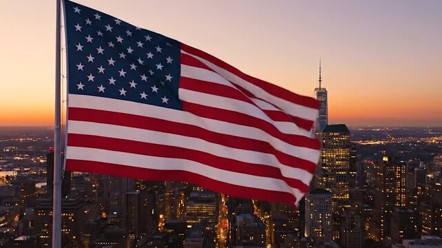 American flag waves in urban city USA. Skyscraper silhouette at sunset. Cinematic powerful shot.
