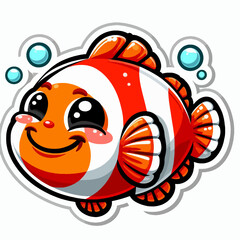 Cheerful cartoon representation of a clownfish, featured in a vibrant color scheme and a simple style.  Large eyes and a happy expression highlight the friendly nature of the character.