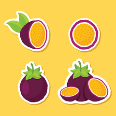 Passion fruit sticker icon set collection in flat style. Passionfruit vector illustration on isolated background. Nature snack sign business concept.