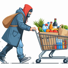 Person, clad in casual, slightly worn clothing, trudges through a daily struggle with a loaded shopping cart filled with various food items.